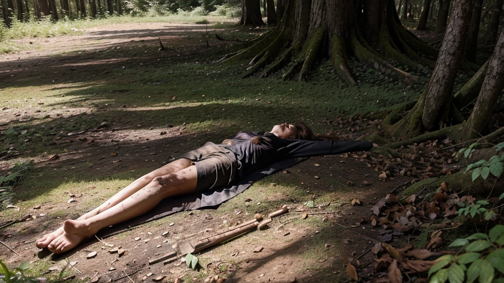 Corpse on the floor of a forest, a lot of gore