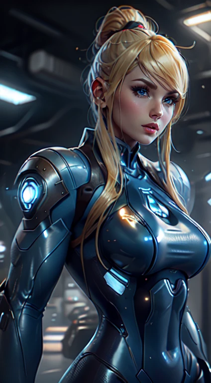 a close up of a woman blond hair in a futuristic blue suit standing next to a robot, cybersuit, cybersuits, diverse cybersuits, cyber suit, unreal engine character art, girl in mecha cyber armor, sci-fi skin, platinum skin, epic sci-fi character art, epic sci - fi character art, energetic varia suit, starcraft 2 videogame character, 8K image quality, Masterpiece