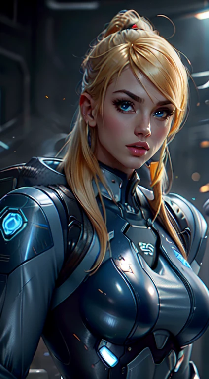 a close up of a woman blond hair in a futuristic blue suit standing next to a robot, cybersuit, cybersuits, diverse cybersuits, cyber suit, unreal engine character art, girl in mecha cyber armor, sci-fi skin, platinum skin, epic sci-fi character art, epic sci - fi character art, energetic varia suit, starcraft 2 videogame character, 8K image quality, Masterpiece