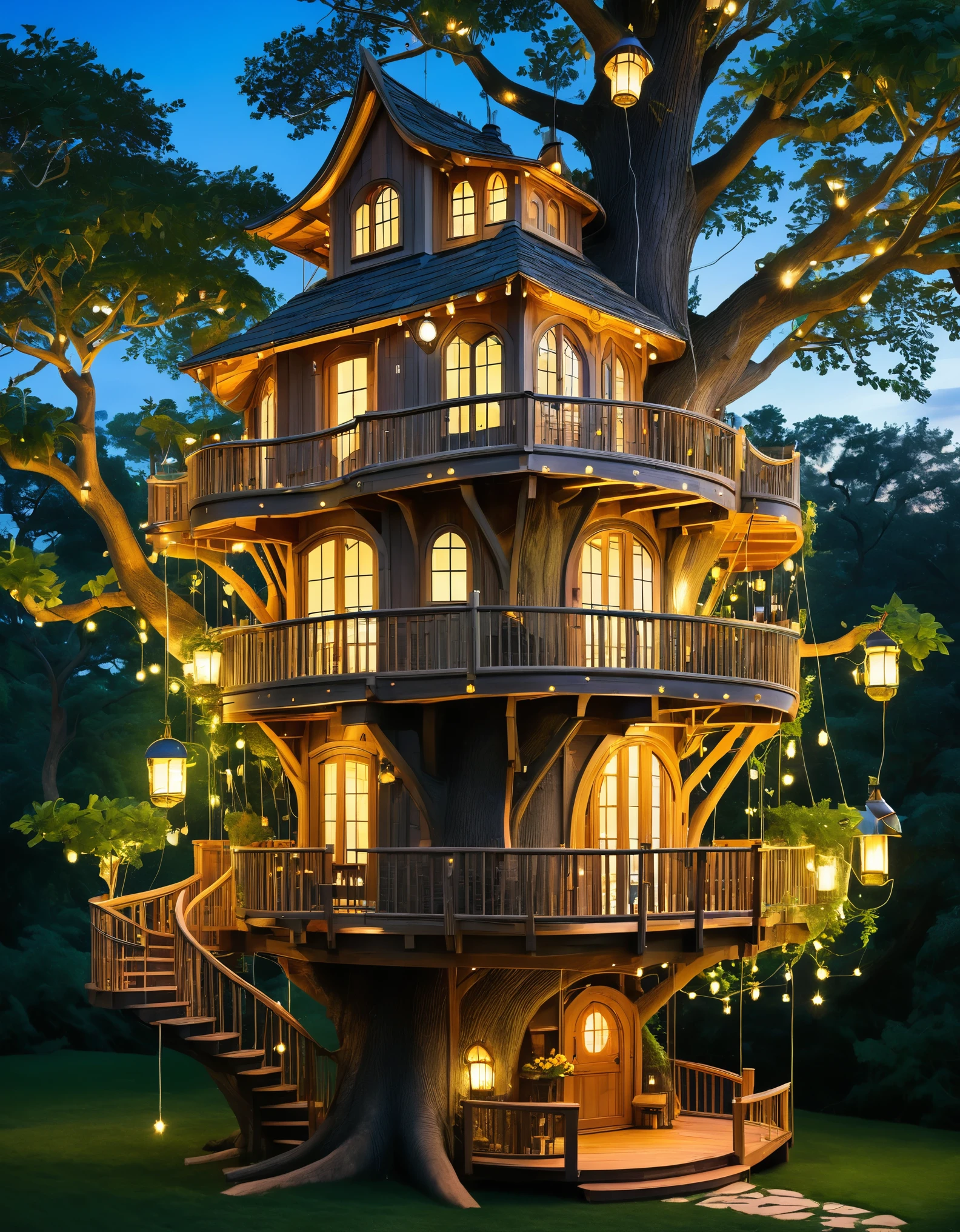 Design a whimsical treehouse with multiple floors and balconies, built into a large tree. Include glowing lanterns and vibrant greenery for a magical effect.