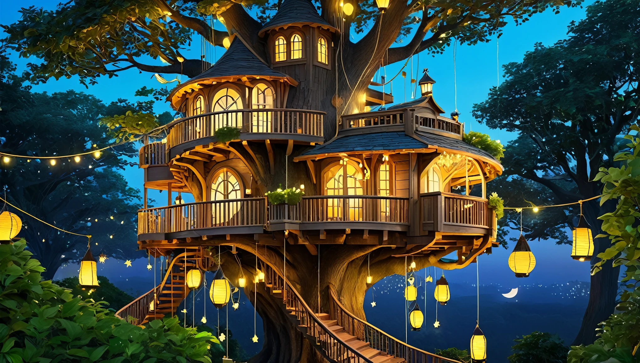Design a whimsical treehouse with multiple floors and balconies, built into a large tree. Include glowing lanterns and vibrant greenery for a magical effect.