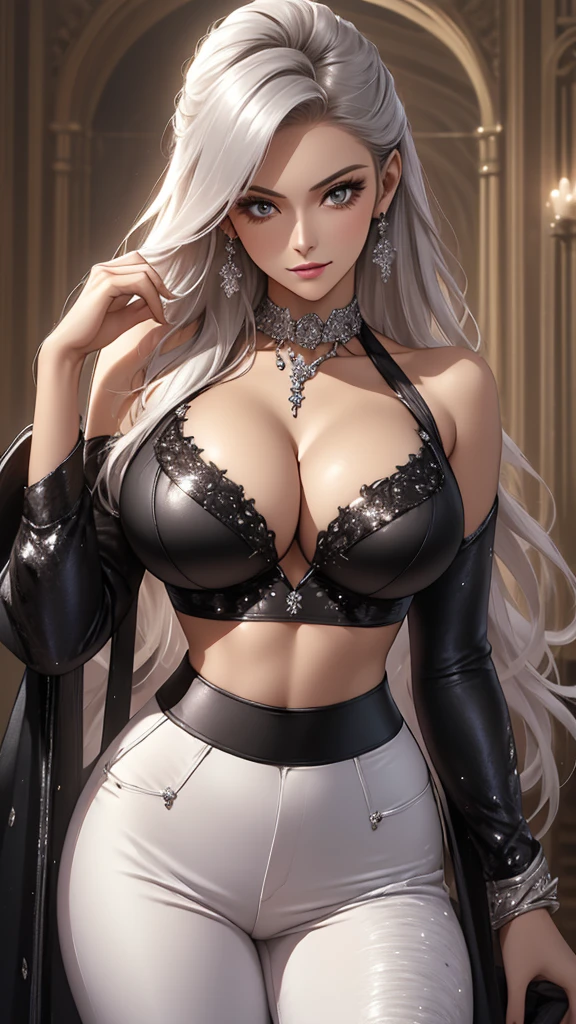 Best quality, masterpiece, realistic, Beautiful sexy cool tall, slim, fit woman, wearing fancy silver-white sequin cropped top and black pants, intricate and highly detailed, cleavage, long silver hair, body chain, jewelry, perfect breasts, cleavage