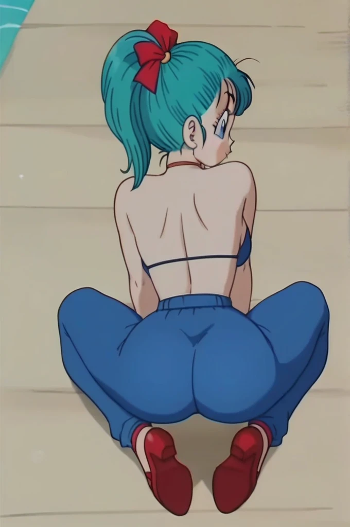 source_anime, score_9, score_8_up, score_7_up, anime screencap,8k, absurd res, 
bulma, 1girl, solo, long hair, hat, ponytail, red headwear, from behind, blurry, aqua hair, blurry background, looking back, mouth marking, blue eyes, 
Underwear, sexy underwear, white panty, white bra,
 