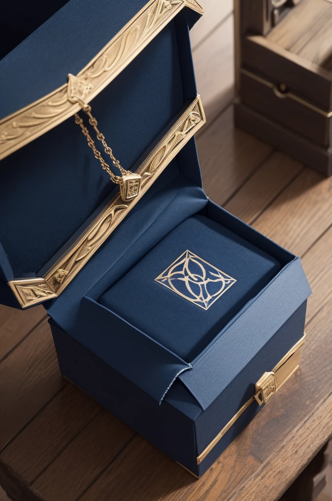 Make a package(box) diffuser necklace inspired by the Ilvermorny school in dark blue or red with a castle logo