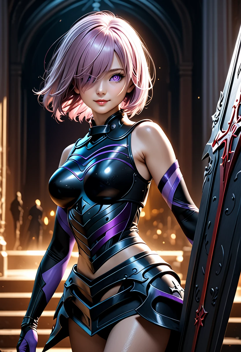 full body, (masterpiece), best quality, 1girl, (detailistic), dark armor, dark cross shield, mash kyrielight, light purple hair, short hair, hair over one eye, smile, slim body, detailed eyes, ultra-detailed, hyper-realistic, 8k, cinematic lighting, dramatic lighting, dramatic atmosphere, intricate details, exquisite details, flawless skin, beautiful face, elegant pose, powerful presence, captivating expression, vibrant colors, stunning contrast