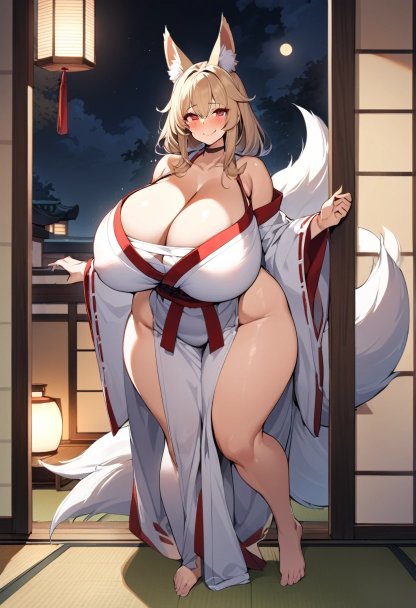 One girl, Mature Woman, Mature Woman, Japanese-style room、Tatami room、Sliding doors、Dark room、 plump, Voluptuous body, Huge breasts, Saggy breasts, Wide Hips, Thick thighs, Miko costume, barefoot, Cleavage, Are standing, Nine-tailed tail, smile, Short blonde, Red eyes, at night, 8K, masterpiece、milf、Fox Ears