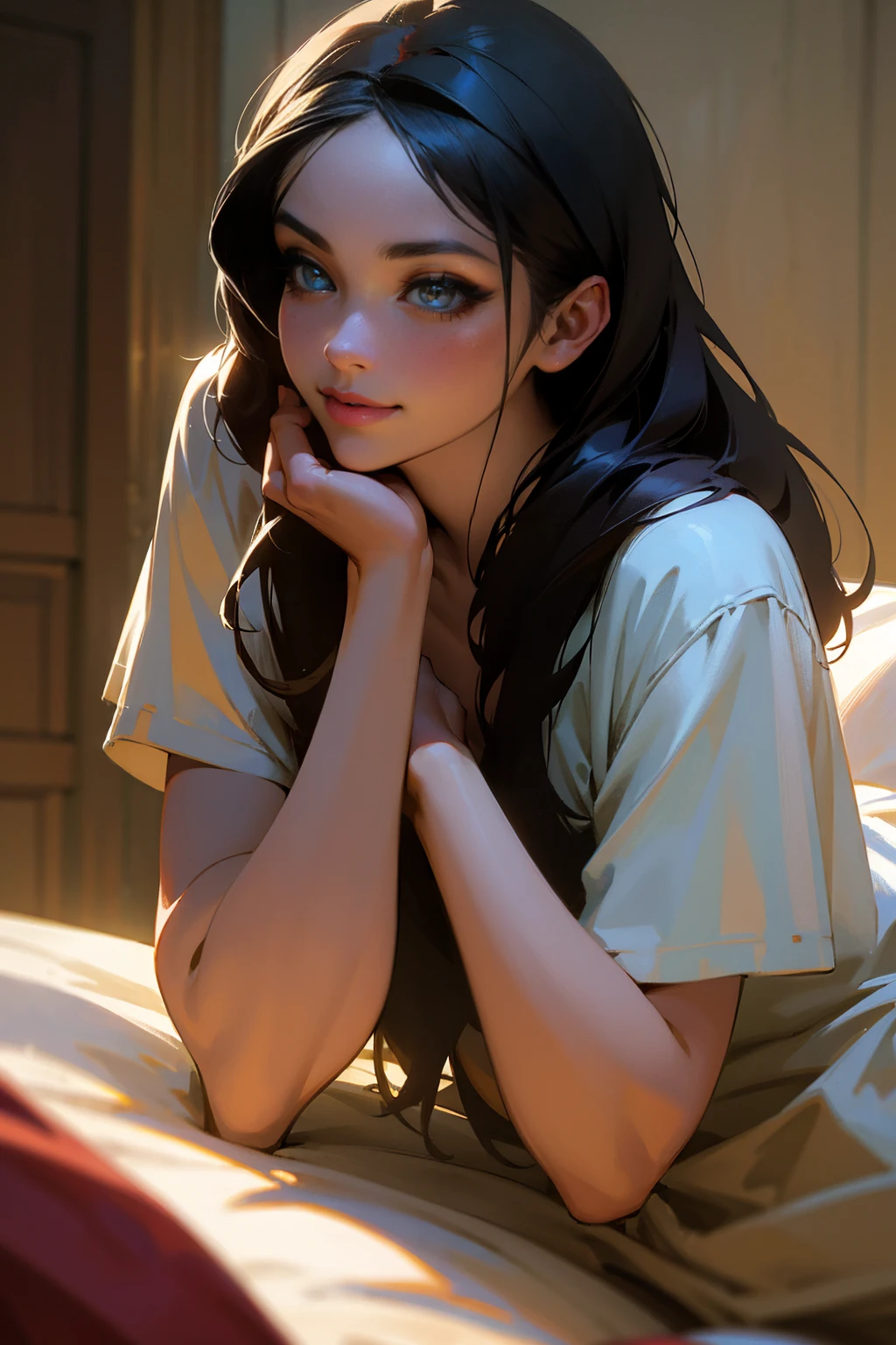 beautiful hippie girl, brunette with long hair, slim build, Long slender legs, wearing a white short top and a short white skirt, lying on a brown sofa, The room is dark, Light from the window, evening, cozy room
