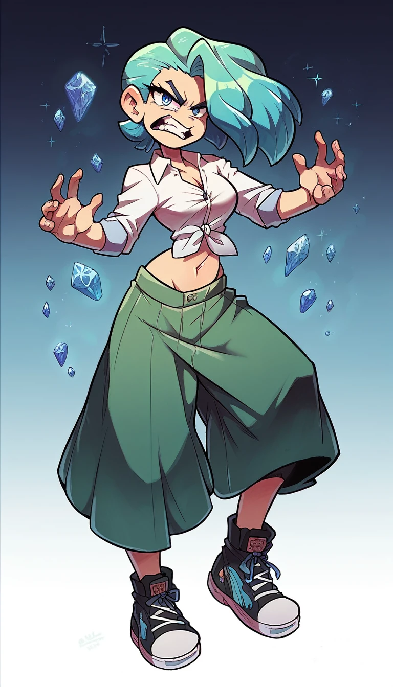 A tall girl beautiful happy pride serious face angry seriously blue crystal hair colorful reflection wavy long her blue eye she dresses white shirt button knot tied shows navel curve sexy and her pants long green skirt wearing black heel sneakers she transformation spirit Rinnegan