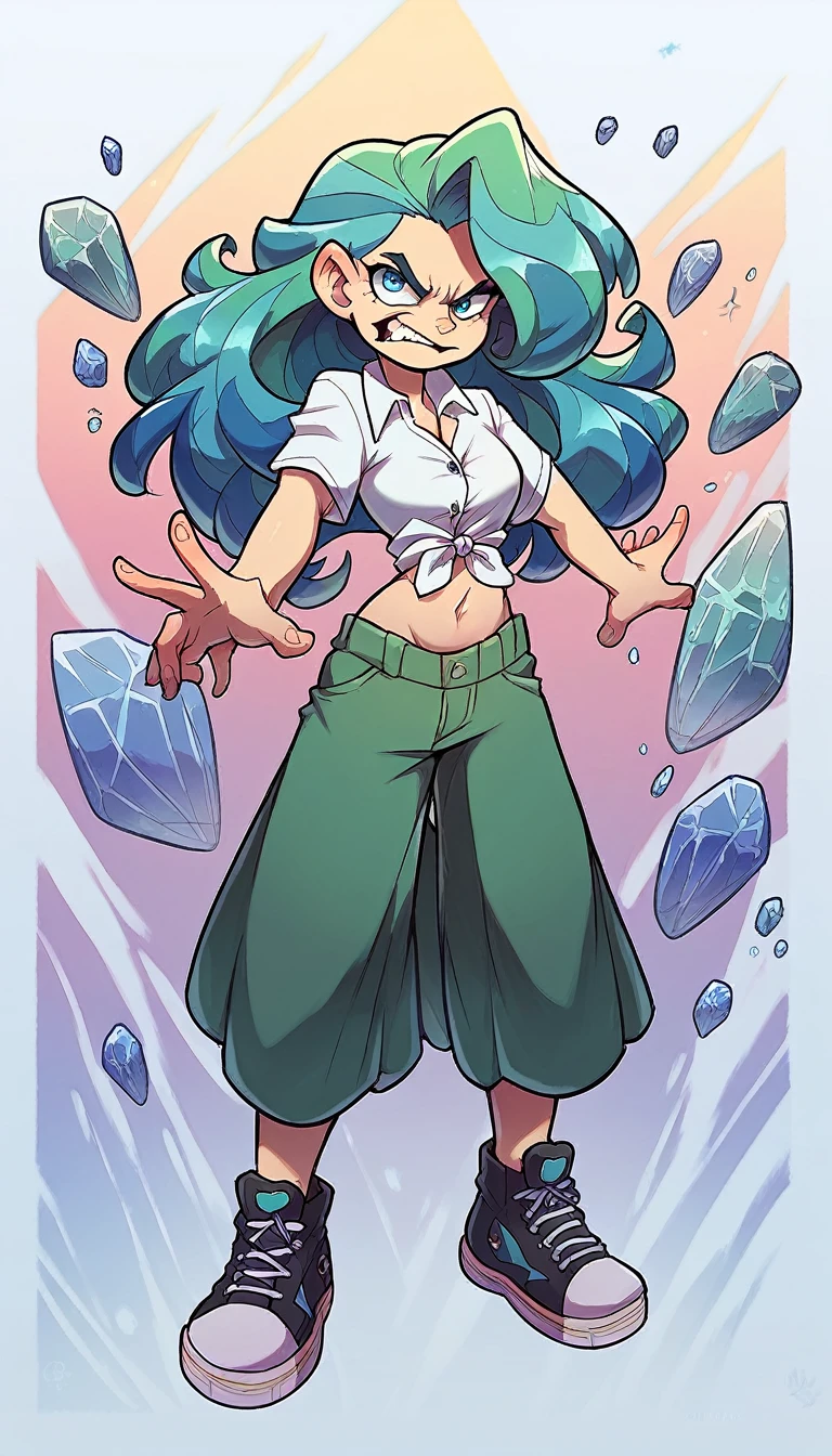 A tall girl beautiful happy pride serious face angry seriously blue crystal hair colorful reflection wavy long her blue eye she dresses white shirt button knot tied shows navel curve sexy and her pants long green skirt wearing black heel sneakers she transformation spirit Rinnegan