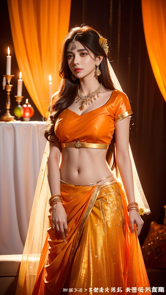 4K, UHD, masterpeice, 1 girl, good face, detailed eyes, detailed lips, very long hair, straight hair, very long hair, beautiful hair, hair ornaments, hairband, gradient hair, ((orange lehenga)), ((bridal lehenga)), ((decorated blouse)), sardine, ((ornament lehenga)), ((orange lace)), ((diamond bracelet)), ((pendant)), Pearl, ornaments, necklace, earring, high lighting, ((bare stomach)), ((in the wedding stage)), orange color, depth of field, ray tracing, ultra realistic detailed,