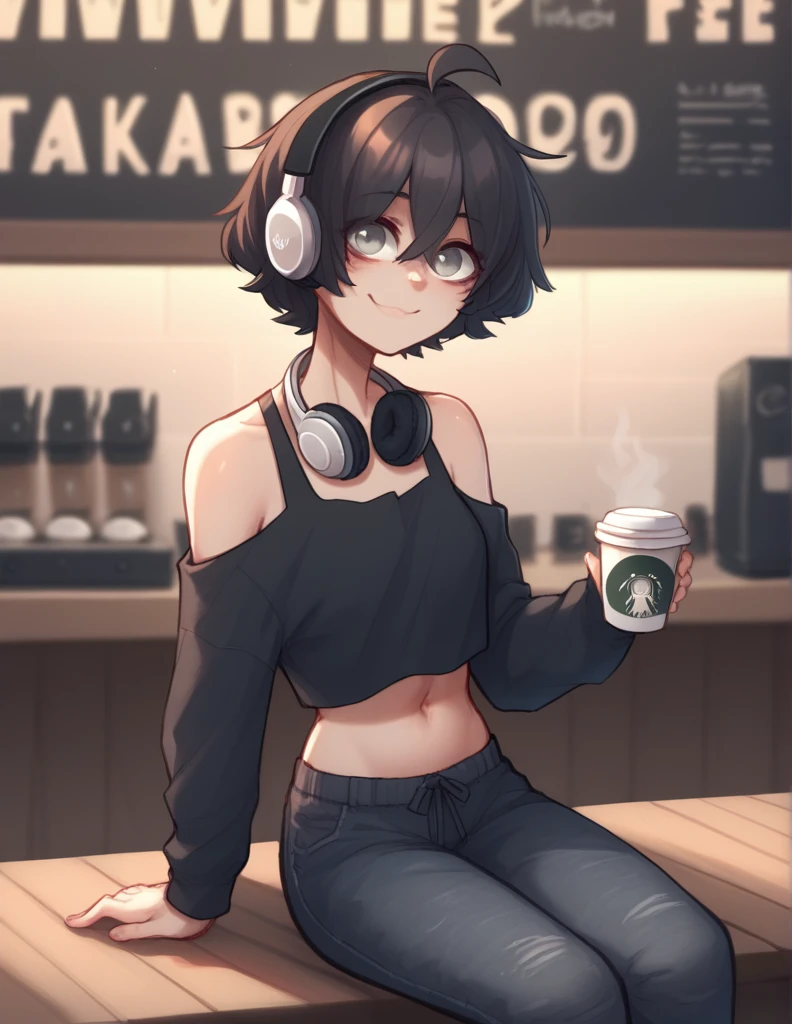 1 girl, alone, ppka, black fur, short hair, messy fur, Ahoge, parts, parts por todo el cuerpo, grey eyes, blind, cute smile looking at the viewer, cute look, Beautiful smile,
Utility pants, wide leg pants, black pantaloon, long sleeve top, white and black top,  Rings, headphones on the neck Exposed navel, exposed shoulders, 
Sitting in a coffee shop 