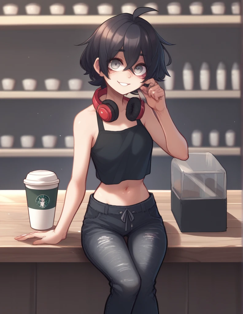 1 girl, alone, ppka, black fur, short hair, messy fur, Ahoge, parts, parts por todo el cuerpo, grey eyes, blind, cute smile looking at the viewer, cute look, Beautiful smile,
Utility pants, wide leg pants, black pantaloon, long sleeve top, white and black top,  Rings, headphones on the neck Exposed navel, exposed shoulders, 
Sitting in a coffee shop 