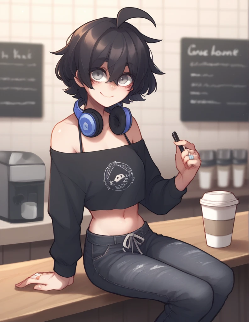 1 girl, alone, ppka, black fur, short hair, messy fur, Ahoge, parts, parts por todo el cuerpo, grey eyes, blind, cute smile looking at the viewer, cute look, Beautiful smile,
Utility pants, wide leg pants, black pantaloon, long sleeve top, white and black top,  Rings, headphones on the neck Exposed navel, exposed shoulders, 
Sitting in a coffee shop 