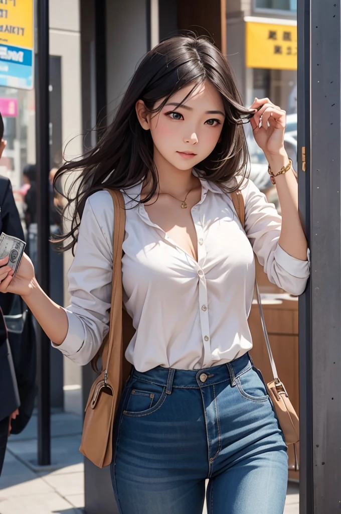 create an image of a woman showing her wallet without money