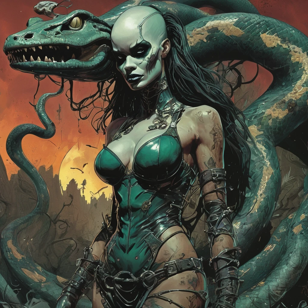 splash page decompressed comic cover art, joelle jones style expressive ink comic, rich color grading, rotoscope hyperrealism, frederic delavier musculature anatomy detailed accurate precise illustration, internal mechanics of robotic Medusa, cinematic, chiaroscuro lighting, surreal, slender medusa filled with steampunk gears and machinery, vertigo, overwhelming, intense, depth, Medusa, splash page decompressed comic cover art, ink style figure, candid, snake skin dress, ((art style expressive Joelle Jones and "Sean Gordon Murphy" comic drawing)), wordless, cinematic poster double exposure, optical illusion, image within image, abyss void black no visibility darkness, full body portrait, (background, pine barrens, entropy, rewilding, magic hour sunset, galaxy stars, cosmos), (horror, abstract, surreal, body, cosmic), body anatomy drawn in Frederic Delavier musculature anatomical illustration art style, (face, ornate black metal corpse paint, resembles Grace Jones), (body, Naga, snakefolk, lower body snake tail, snake woman hybrid, bald, hairless, skeleton, snake skin tattoos, piercing eyes, snake pupils, over the shoulder), (colors, merge bleak muted deep fiery radiant glowing ROYGBIV, forest green to earth brown), craftsmanship nuance, (art style Gerardo Zaffino charcoal), subliminal orchids, nyctophobia, (wordless, single image), silhouette
