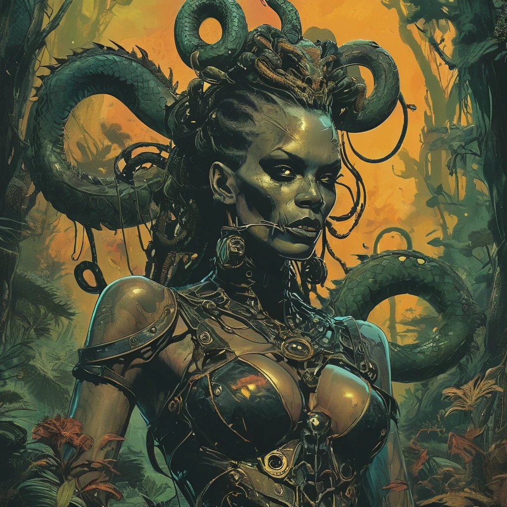 splash page decompressed comic cover art, joelle jones style expressive ink comic, rich color grading, rotoscope hyperrealism, frederic delavier musculature anatomy detailed accurate precise illustration, internal mechanics of robotic Medusa, cinematic, chiaroscuro lighting, surreal, slender medusa filled with steampunk gears and machinery, vertigo, overwhelming, intense, depth, Medusa, splash page decompressed comic cover art, ink style figure, candid, snake skin dress, ((art style expressive Joelle Jones and "Sean Gordon Murphy" comic drawing)), wordless, cinematic poster double exposure, optical illusion, image within image, abyss void black no visibility darkness, full body portrait, (background, pine barrens, entropy, rewilding, magic hour sunset, galaxy stars, cosmos), (horror, abstract, surreal, body, cosmic), body anatomy drawn in Frederic Delavier musculature anatomical illustration art style, (face, ornate black metal corpse paint, resembles Grace Jones), (body, Naga, snakefolk, lower body snake tail, snake woman hybrid, bald, hairless, skeleton, snake skin tattoos, piercing eyes, snake pupils, over the shoulder), (colors, merge bleak muted deep fiery radiant glowing ROYGBIV, forest green to earth brown), craftsmanship nuance, (art style Gerardo Zaffino charcoal), subliminal orchids, nyctophobia, (wordless, single image), silhouette