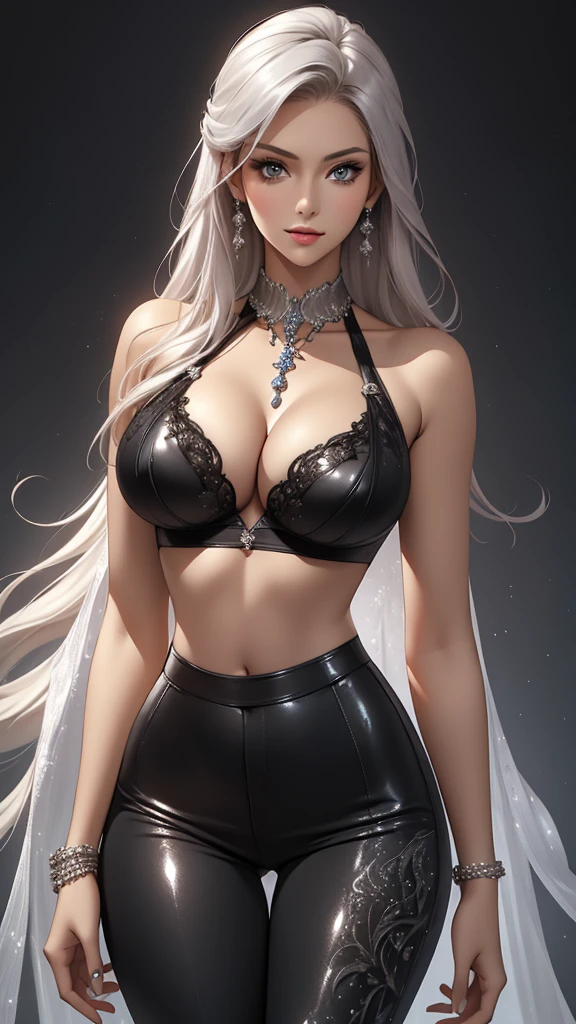 Best quality, masterpiece, realistic, Beautiful sexy cool tall, slim, fit woman, wearing fancy silver-white sequin cropped  top and black pants, intricate and highly detailed, cleavage, long silver hair, body chain, jewelry, perfect breasts, cleavage