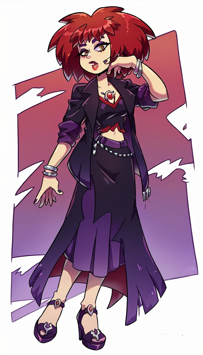 a beautiful age girl gothic sexy attractive beautiful dark red hair tousled haircut Her brown eye painted purple eyelashes red lip she wears a dark purple button-down coat and a long purple skirt with an opening at the hemheels Long black golden arm bracelet