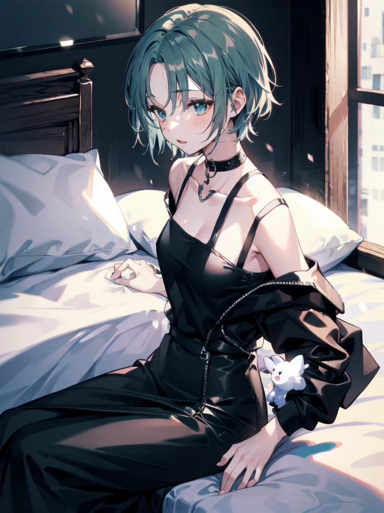 One girl、Deep green hair、mullet hairstyle 、short hair、Dignified eyes、Off the shoulder、Adult women、Sexy、bed