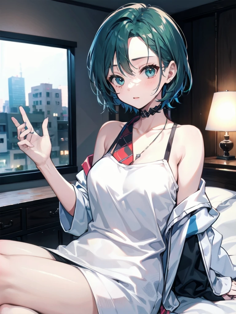 NSFW,masterpiece,Highest quality,High resolution,Super detailed,Sinon\(Sword Art Online\),Naked shirt,hair ornaments, Hair Clip,Embarrassed,expectant face,nervous,blush,Bedroom at night,Girl sitting