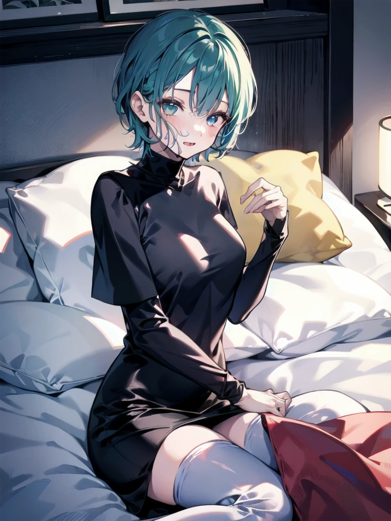 One girl、Deep green hair、mullet hairstyle 、short hair、Dignified eyes、Off the shoulder、Adult women、Sexy、bed