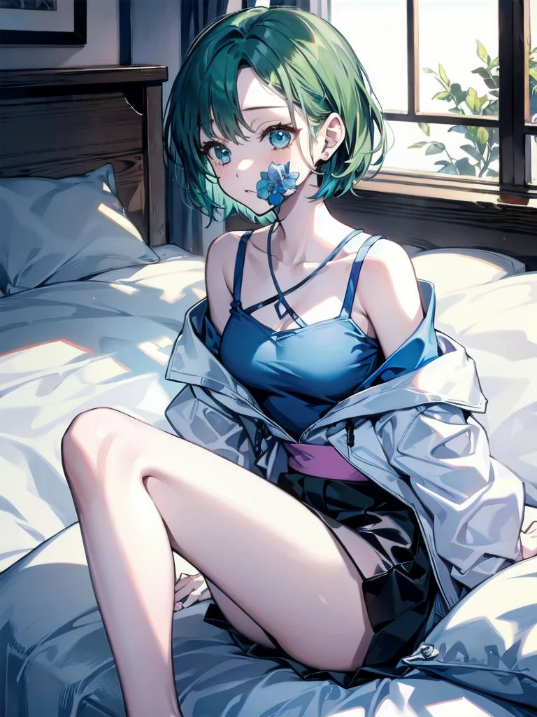 One girl、Deep green hair、mullet hairstyle 、short hair、Dignified eyes、Off the shoulder、Adult women、Sexy、bed