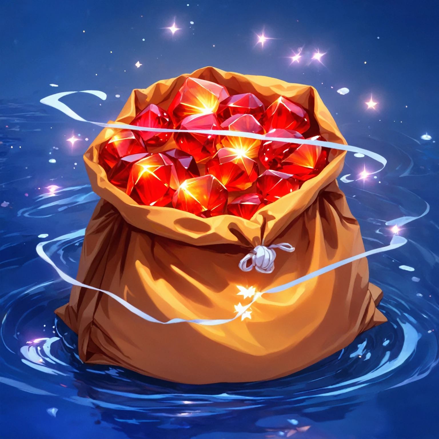 digital painting, mmorpg, Warm colors, cute style, medieval game, glowing effects in the background, glow effects, colorful, No characters, no characters, cute style, anime style, holiday, bag of rubies, sack, Rubies, Award, stands on the water, circle effects, Magic