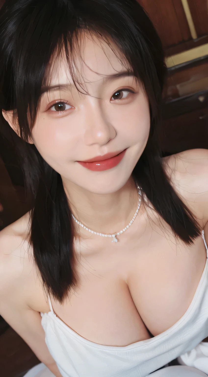 best qualtiy， Ultra-high resolution， （realisticlying：1.4），cute hairpin，Baoyu Girl，Wearing a white bandeau wedding dress，（big chest：1.2） ，A pair of clear and moving peach blossom eyes,Royal Sister，sunshine on face，Big wavy hairstyle，（choker necklace：1.2），（Fair skin：1.4），a sense of atmosphere，a beauty girl， Charming smile，head straight-looking at viewer， closeup cleavage ，(Photorealistic:1.4),1girll,sexly,(Upper body:1.4),(Wet body),(:1.2), curly hair, (facing the front:1.2),long hair、(Close your eyes and ask for a kiss:1.3),From above, ((one length haircut)),, exposed cleavage, look up, raise your chin, open your mouth slightly, waiting for kiss, stick out your tongue slightly, turn your face up, look up the sky, sitting on bed, big  , exposed chest, blowjob, exposed