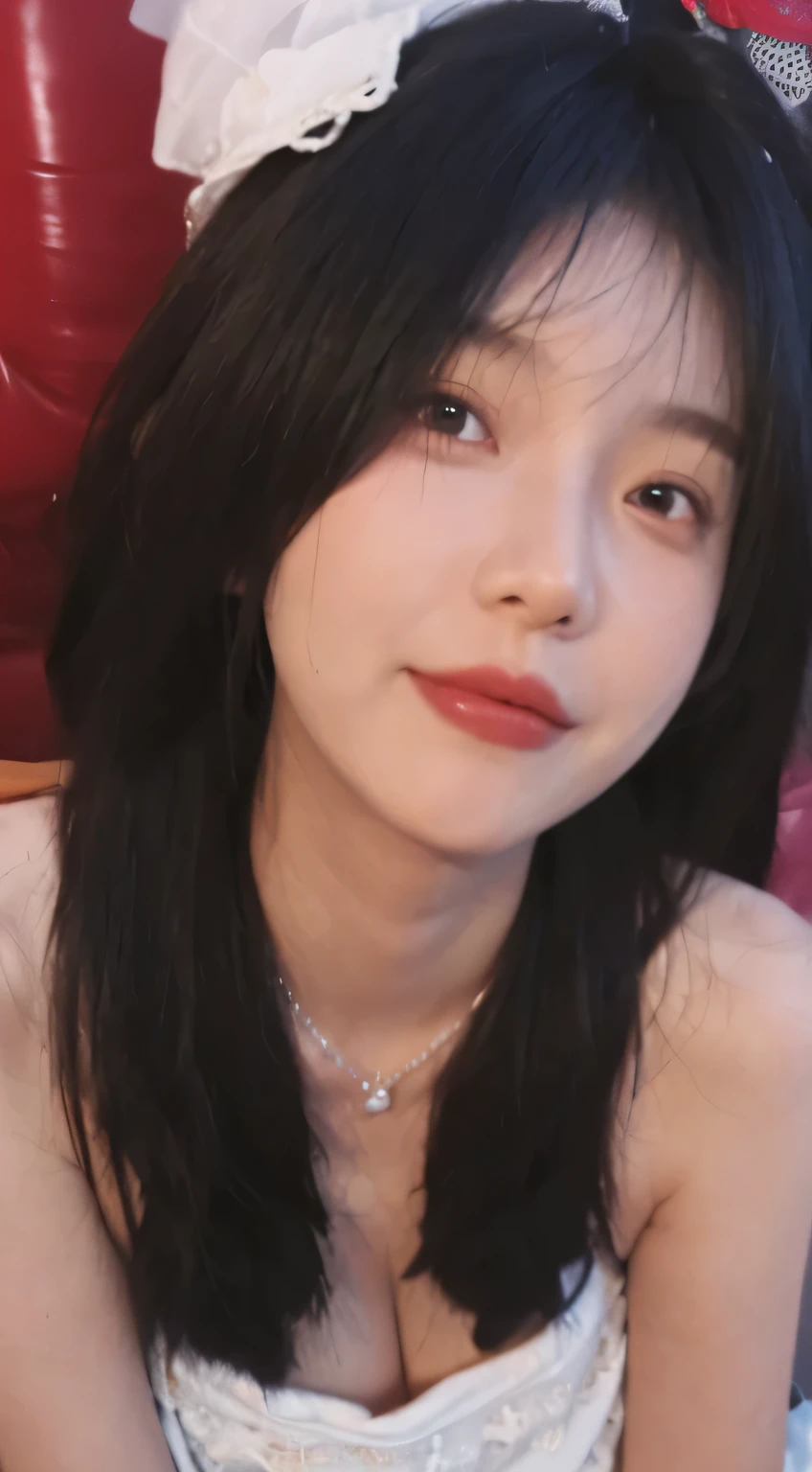 best qualtiy, Ultra-high resolution, (realisticlying:1.4),cute hairpin,Baoyu Girl,Wearing a white bandeau wedding dress,(big chest:1.2) ,A pair of clear and moving peach blossom eyes,Royal Sister,sunshine on face,Big wavy hairstyle,(choker necklace:1.2),(Fair skin:1.4),a sense of atmosphere,a beauty girl, Charming smile,head straight-looking at viewer, closeup cleavage ,(Photorealistic:1.4),1girll,sexly,(Upper body:1.4),(Wet body),(:1.2), curly hair, (facing the front:1.2),long hair、(Close your eyes and ask for a kiss:1.3),From above, ((one length haircut)),, exposed cleavage, look up, raise your chin, open your mouth slightly, waiting for kiss, stick out your tongue slightly, turn your face up, look up the sky, sitting on bed, big , exposed chest, blowjob, exposed, sitting on my lap
