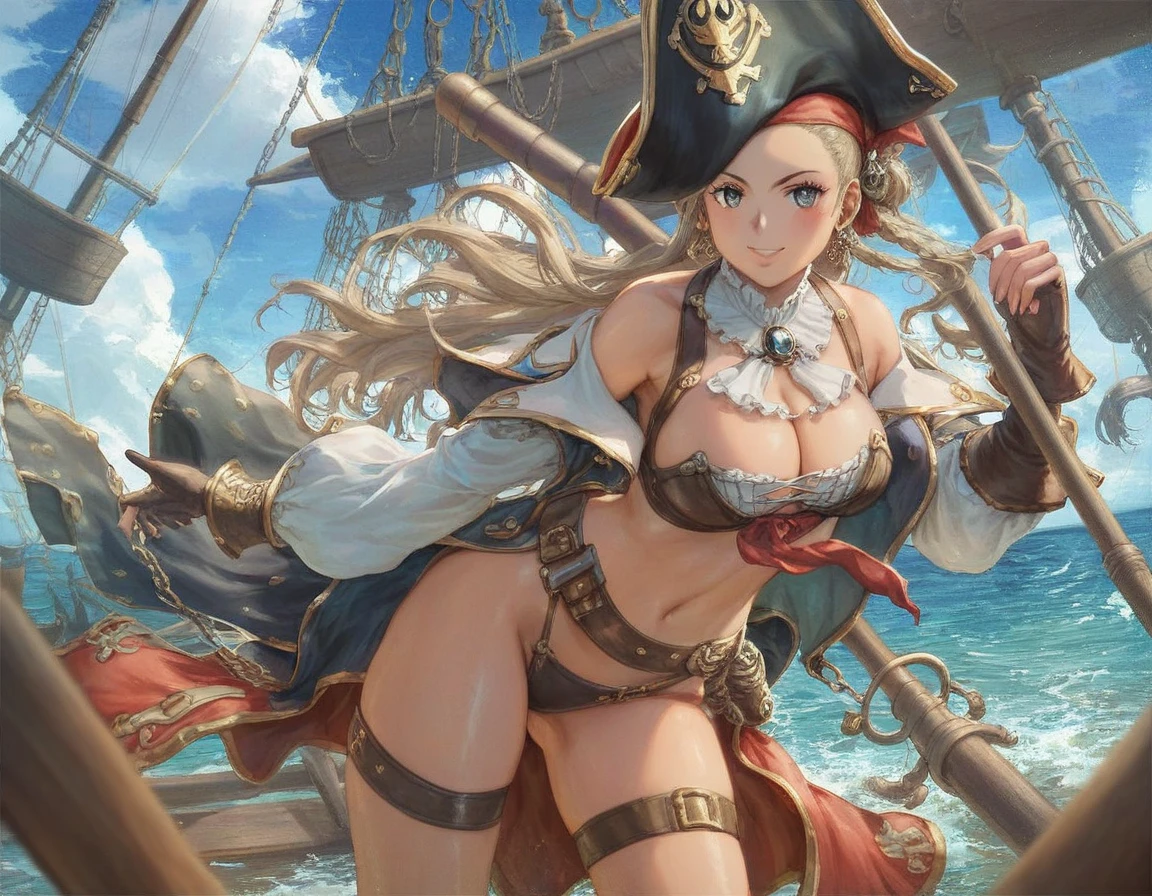 A pretty pirate woman on his pirate ship, wearing skimpy pirate clothes, cleavage, , detailed eyes, style anime, urushisato, detailed background, bmbplora, babe