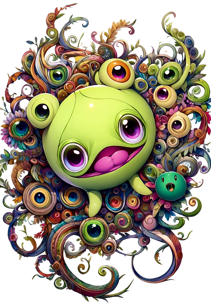 White background with a round evil green critter with its mouth open and looking forward.