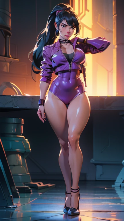 nsfw, highly detailed, realistic, hyperrealistic, full definition, high resolution, studio lighting, full body image, full body frame, zoomed out, full body frame, beautiful, sexy, hot, perfect, muscular, Nina Williams from Tekken, wet hair, slim thicc and perfect body, accentuated curves, femininity, thick and juicy lips, dripping wet body, high heels, tight, body hugging, see-through bikini, clevage, second skin, cool lighting, shiny latex choker, ponytail hair, legs in image, feet in image