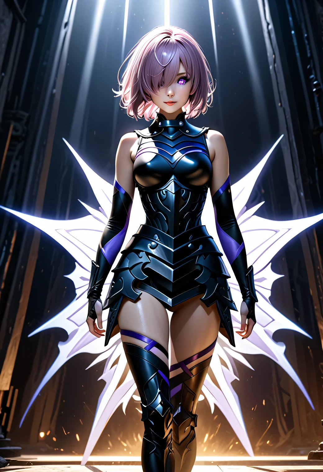 full body, (masterpiece), best quality, 1girl, (detailistic), dark armor, dark cross shield, mash kyrielight, light purple hair, short hair, hair over one eye, smile, slim body, detailed eyes, ultra-detailed, hyper-realistic, 8k, cinematic lighting, dramatic lighting, dramatic atmosphere, intricate details, exquisite details, flawless skin, beautiful face, elegant pose, powerful presence, captivating expression, vibrant colors, stunning contrast