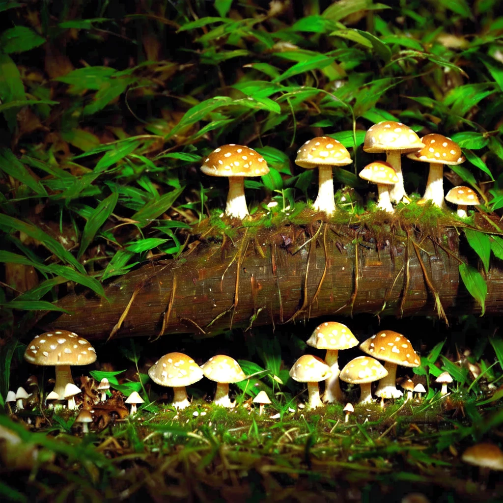 cottagecore, mushrooms growing on a mossy log in a forest, mushroom forest, mycena acicula, forest made out of mushroom, magic mushrooms, psilocybin, shrooms, psychedelic mushrooms, overgrown with funghi, moshrooms on ground, mushrooms, fungal growth, mushroom trees, mushrooms on the ground, glowing mushrooms, mushrooms milky way, translucent mushrooms