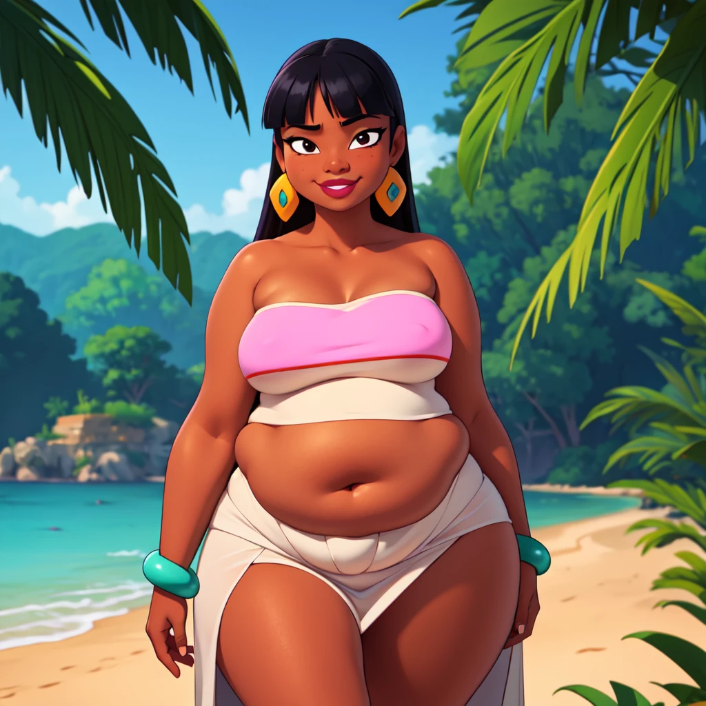 (work of art:1.2, best qualityer:1.2), soft ambient lighting, perfect lighting, 1 girl, standing alone, Chel, Bblack hair, long hair, rhombus stripe, eyes browns, darkskin, lipstick, breasts big, Broad Hips, top of the tube, neckleace, bared shoulders, emerald earrings, emerald bracelets, looking at the camera with a smug expression on his face, beach background, very large body, fat belly rolls, big breasts, sexy smile, fat arms, thunder thighs, super fat, looking at viewer, wet clothes, sweating very hard, sexy looking, blob