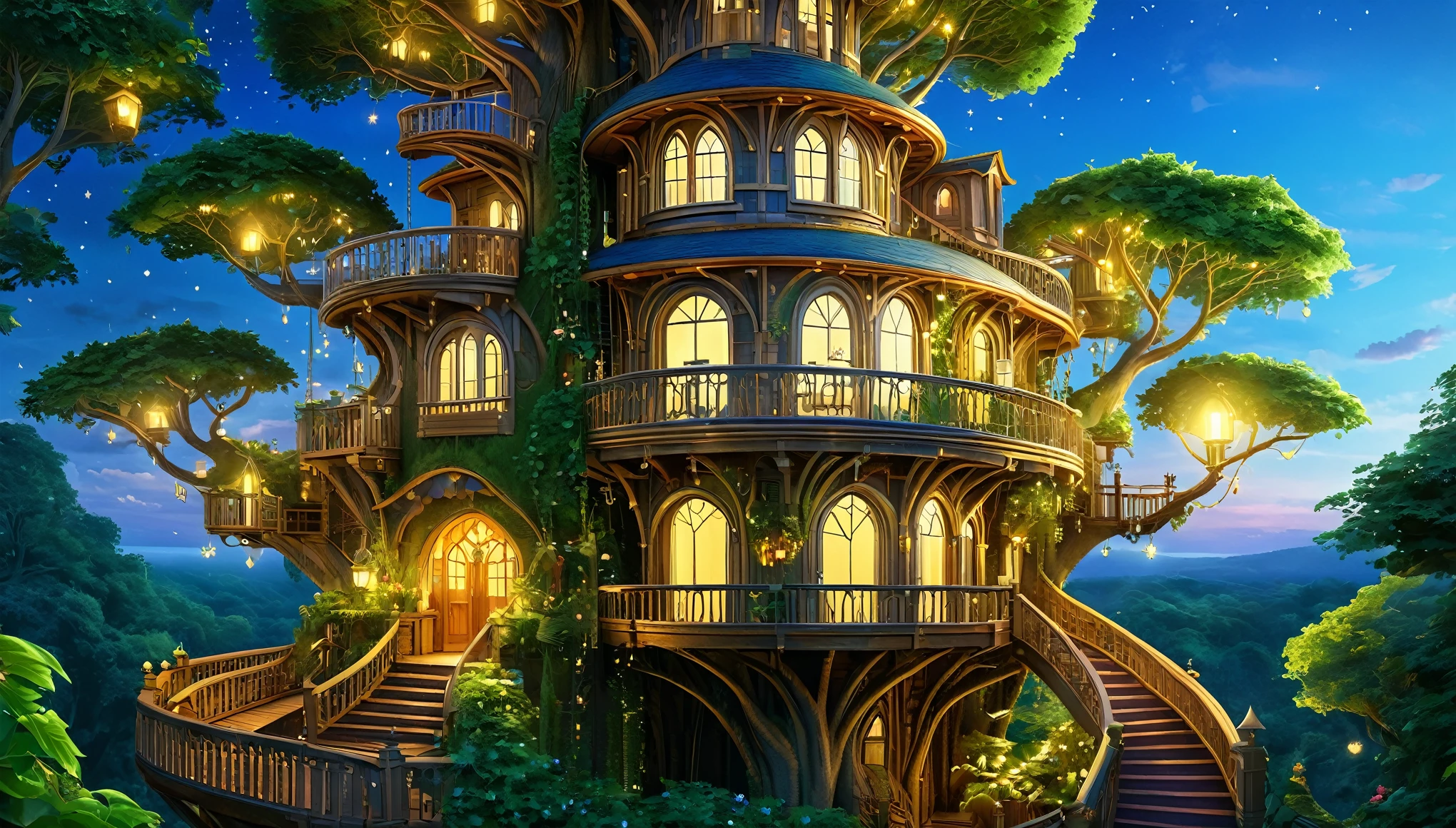 (whimsical treehouse,multiple floors,balconies,large tree,vibrant greenery,magical effect,fantasy,detailed environment,intricate architecture,lush foliage,warm lighting,enchanting atmosphere,highly detailed,cinematic,photorealistic,masterpiece:1.2,ultra-detailed,realistic,stunning,beautiful,detailed)