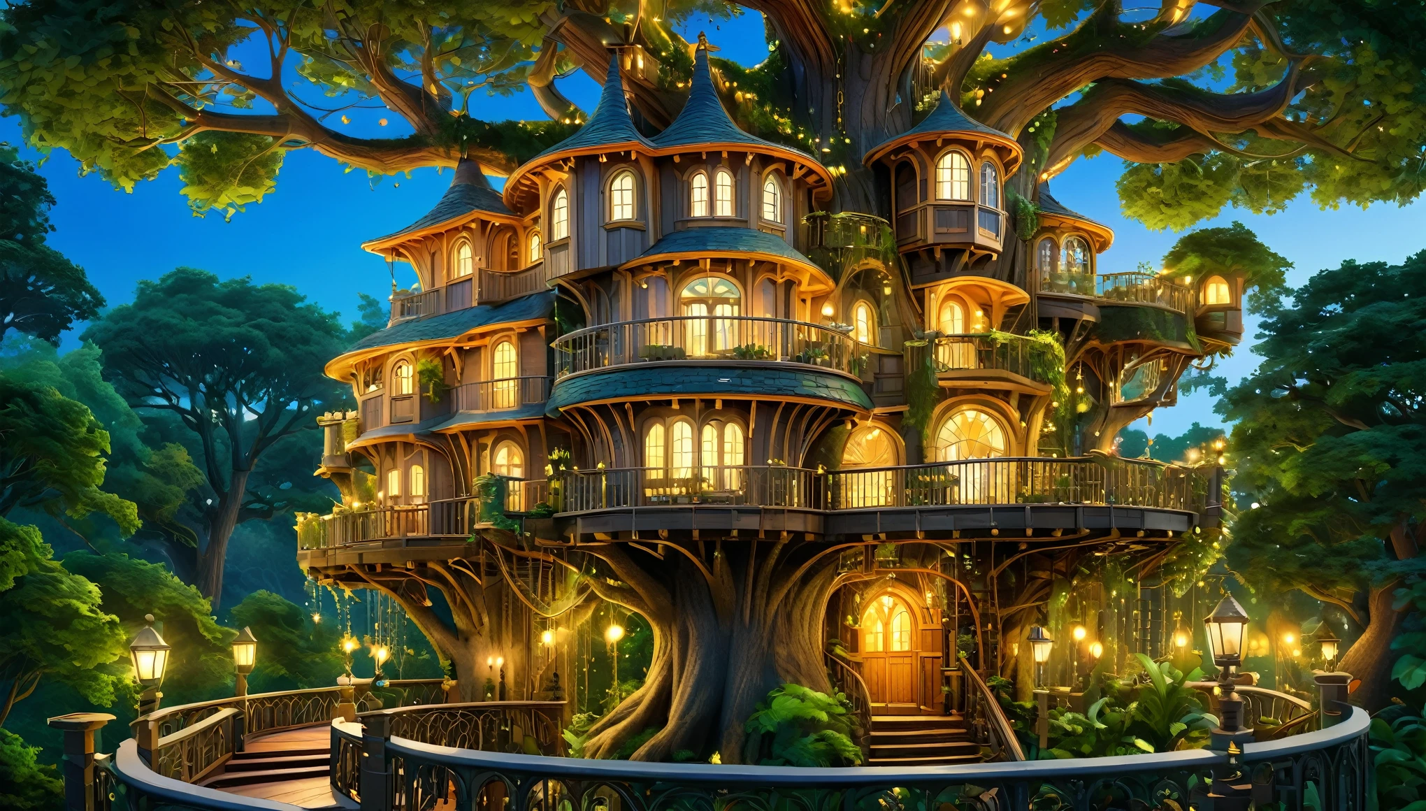 (whimsical treehouse,multiple floors,balconies,large tree,vibrant greenery,magical effect,fantasy,detailed environment,intricate architecture,lush foliage,warm lighting,enchanting atmosphere,highly detailed,cinematic,photorealistic,masterpiece:1.2,ultra-detailed,realistic,stunning,beautiful,detailed)