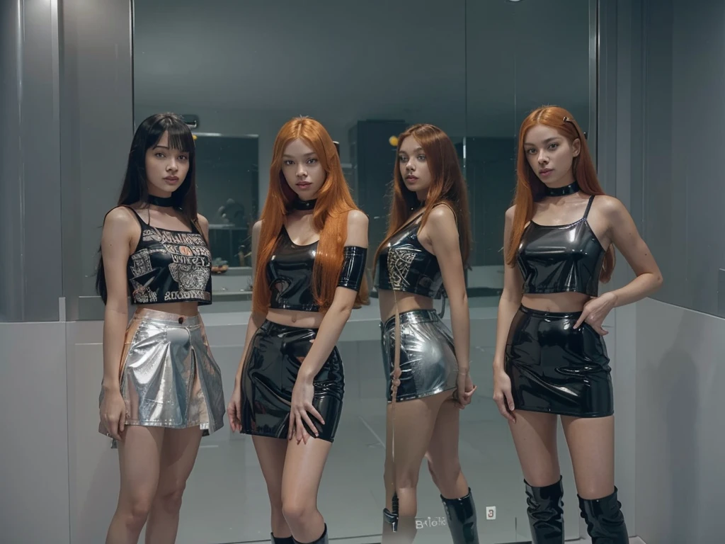 A Jennie wears a black top and black latex skirt and takes a photo in front of the mirror, He has very very long and intense orange hair, small waist, beautiful woman, Perfect woman, deep orange hair, Jennie has orange hair, Blackpink latex Deux femmes asiatiques, Long blonde hair, blue eye, latex sexy shorts et top jaune et noir, twins, Long blonde hair ai latex
