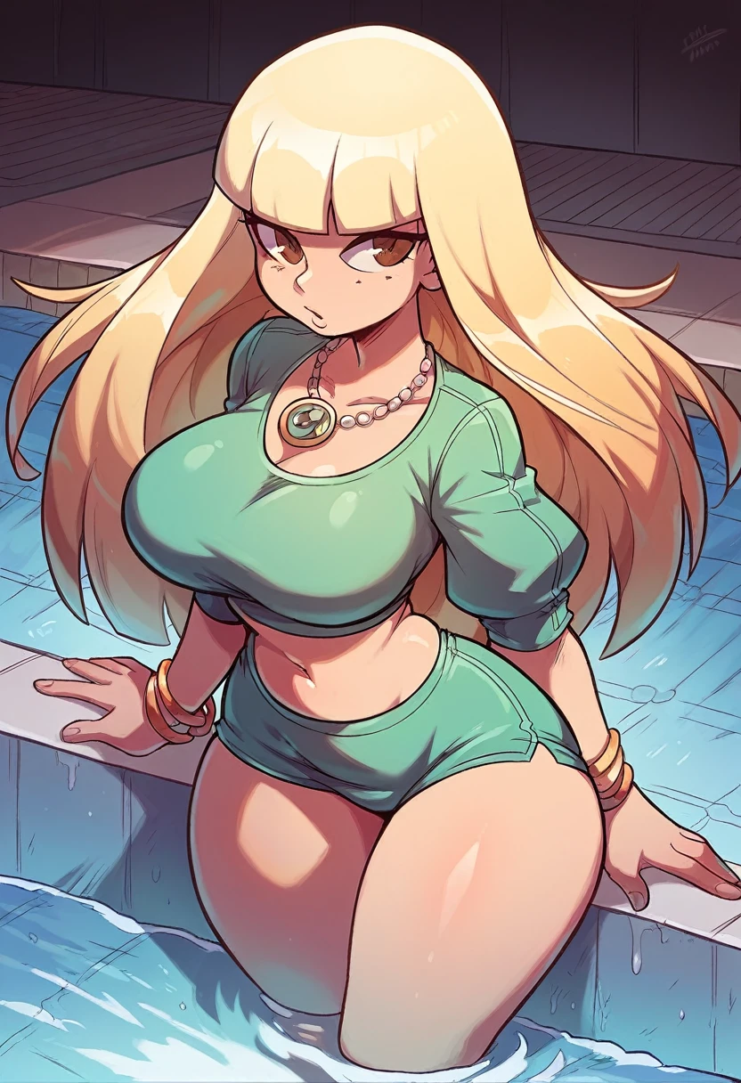 blonde hair, brown eyes, long hair, blunt bangs, sidelocks, lady  big breast, wide hips, big thighs, , curvy hips, curvy, necklace, bracelet, bracelet sleeves, green bikini ,swimming pool