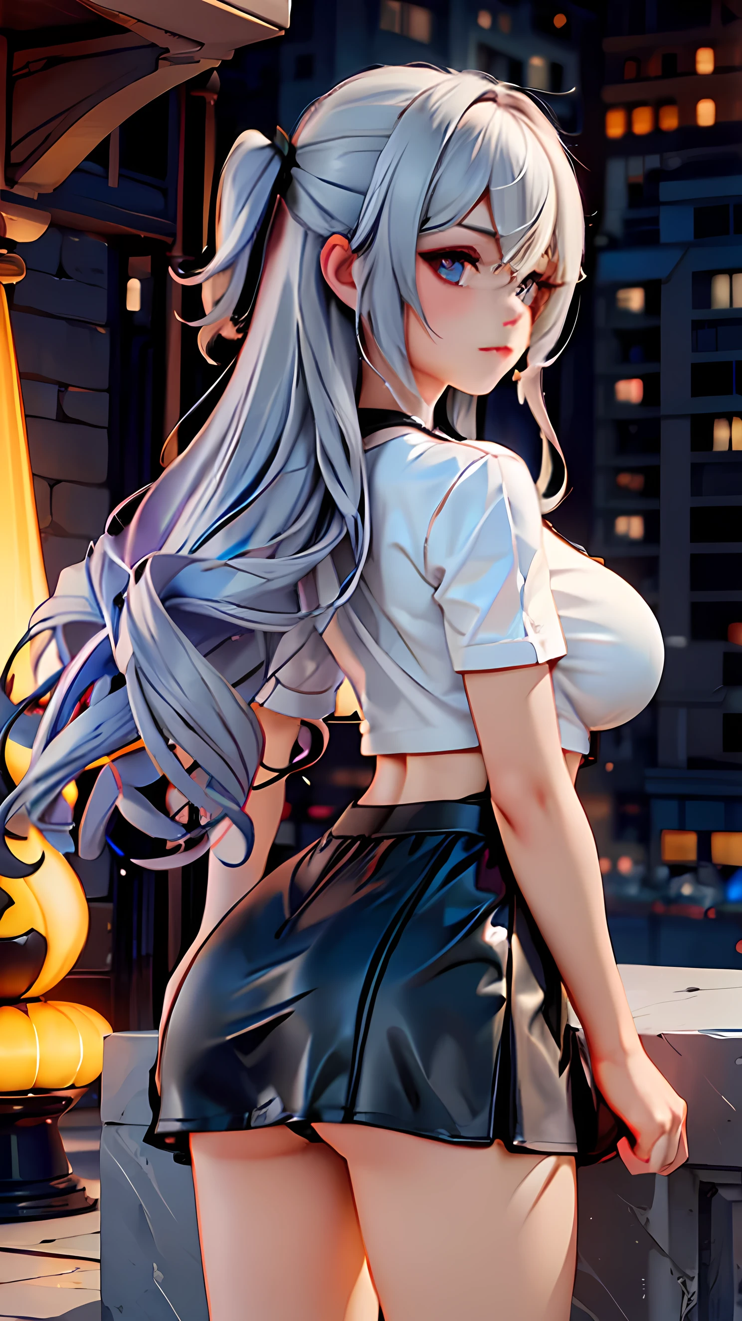 One girl, short t-shirt, skirt, leggings, eyes blue, big ass, perfect breast, slim, cute, sexy, very detailed, exquisite lighting and composition, , 8k, sharp, highly detailed, high resolution, looking back