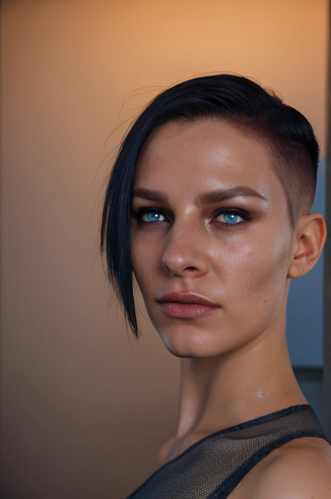 Cinematic film still, ((detailed facial features)), intricate details, shallow depth of field, [volumetric fog], cinematic lighting, 8k resolution, cinematic film,  ,  (((1 girl)))  (cowboy shot),  abanded town, Nea,black hair,blue eyes,undercut,shaved head,very short hair,side hair,hair to side, black sport underwear, ,midriff, 