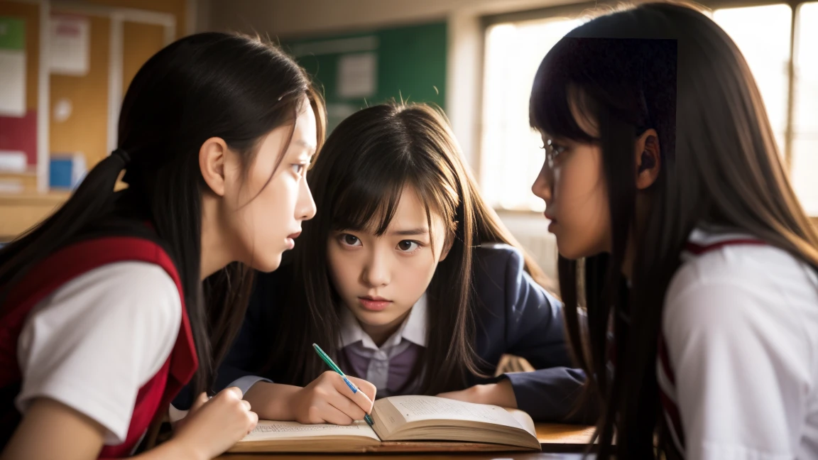 Three high school girls are discussing a troubled look inside a classroom.