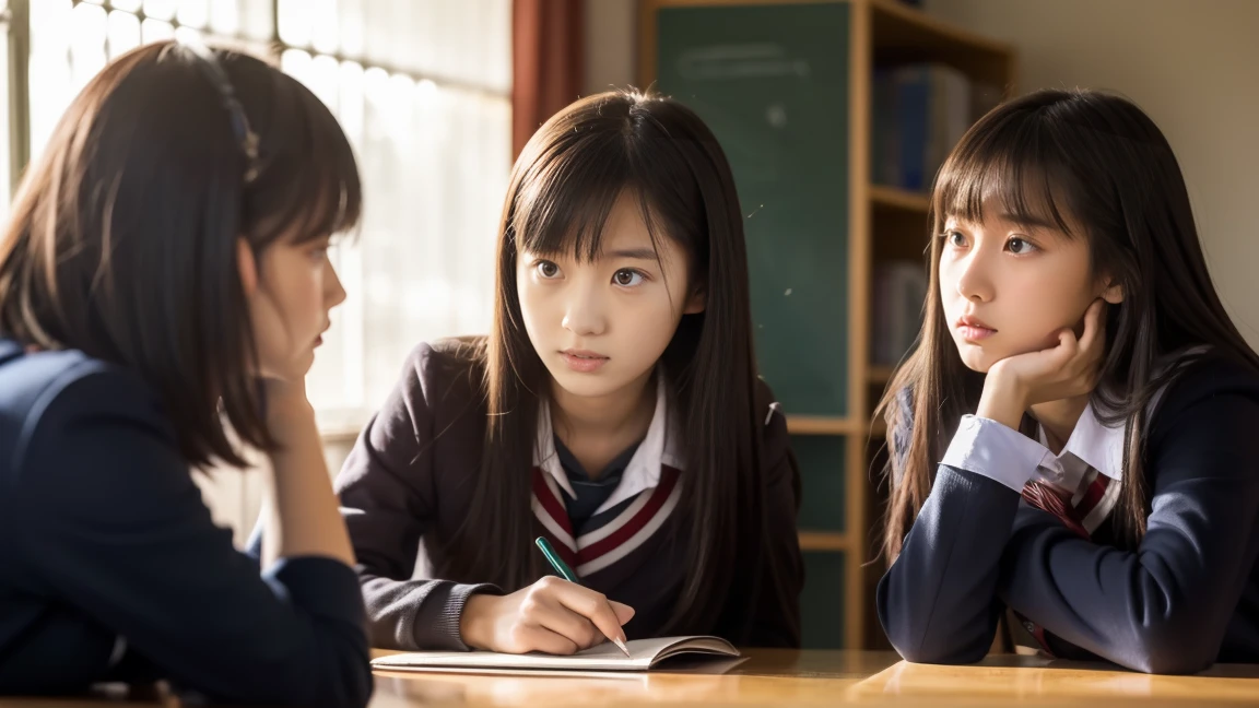 Three high school girls are discussing a troubled look inside a classroom.