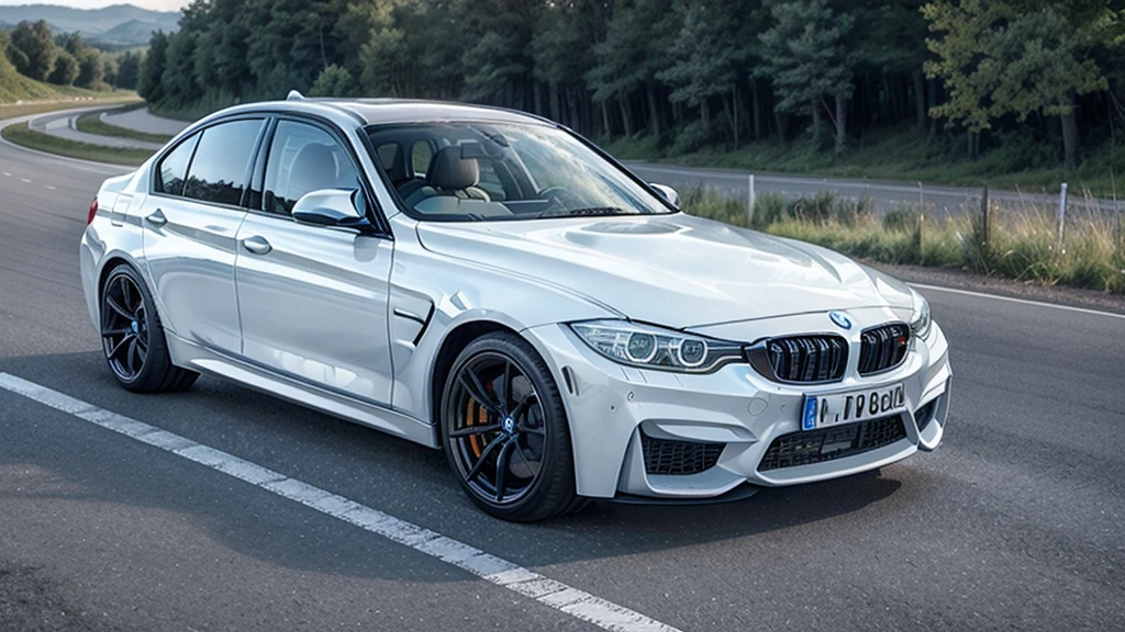 A white BMW M3 on a road with a beautiful, ultra realistic landscape