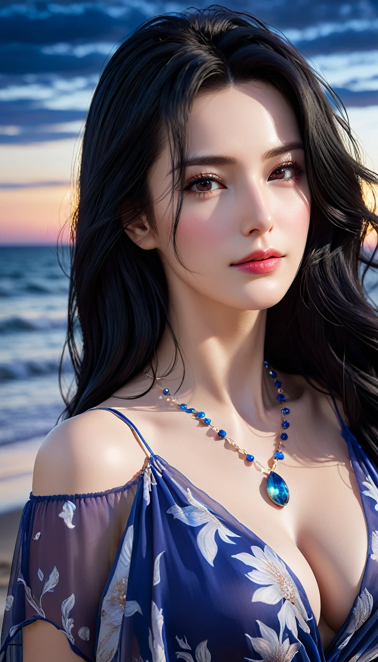 ((Masterpieces with up to 16K resolution:1.6)),Highest quality,it is really amazing,Very detailed,Ultra-high resolution,(Real:1.5),(Realistic:1.5),Increased depth of field,Cinematic Light,
Elegant mature woman,
Long black hair,(Exquisitely detailed face:1.5),Face with a gentle expression,Translucent white skin,Very sensitive skin,Great proportions,Anatomically correct body,
Elegant high leg swimsuit,Artistic design,Beautiful and detailed pattern,Detailed fabric texture,Gorgeous necklace,
Coastal landscape at dusk,Dark clouds and dark sky,delay々Continuing sandy beach, Deserted Beach,Dark sea surface,
(Dramatic Angle:1.5),