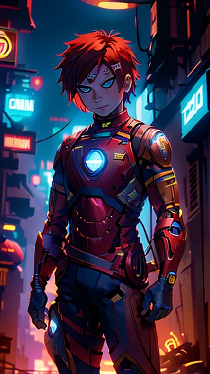 best quality,masterpiece,1boy,solo,(((13years old))),japanese boy,an extremely cute and handsome hoy,highly detailed handsome face and eyes,petit,cute face,lovely face,baby face,shy smile,show teeth, Red hair,short hair,flat chest,skinny,slender,(((Gaara wearing Iron Man costume))),(((standing in Dark Midnight Neon Glow light Cyberpunk Gotham city))),he is looking at the viewer,