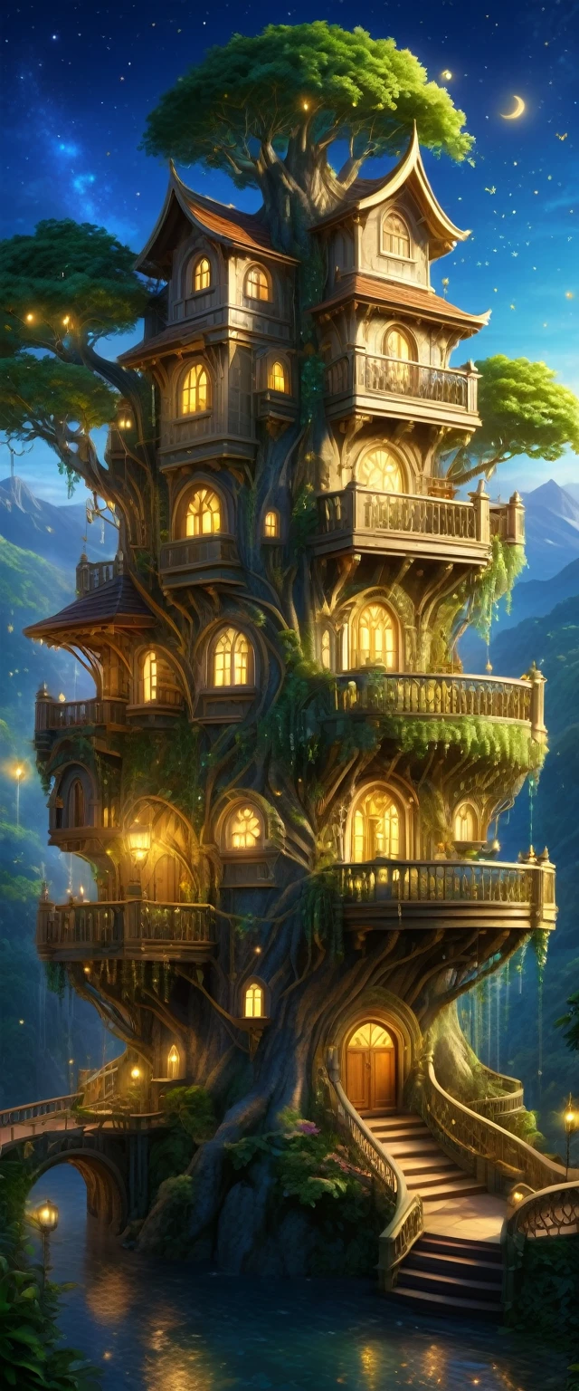 (whimsical treehouse,multiple floors,balconies,large tree,vibrant greenery,magical effect,fantasy,detailed environment,intricate architecture,lush foliage,warm lighting,enchanting atmosphere,highly detailed,cinematic,photorealistic,masterpiece:1.2,ultra-detailed,realistic,stunning,beautiful,detailed)