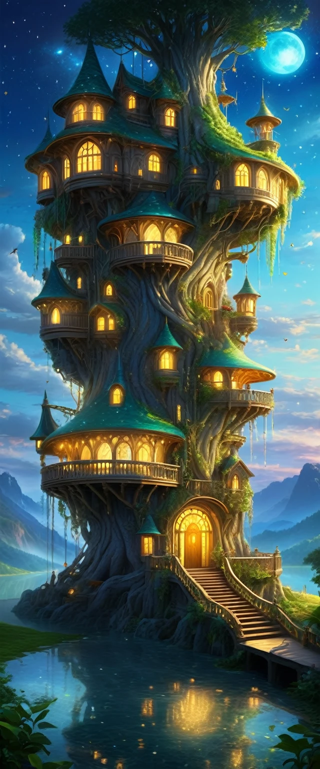 (whimsical treehouse,multiple floors,balconies,large tree,vibrant greenery,magical effect,fantasy,detailed environment,intricate architecture,lush foliage,warm lighting,enchanting atmosphere,highly detailed,cinematic,photorealistic,masterpiece:1.2,ultra-detailed,realistic,stunning,beautiful,detailed)