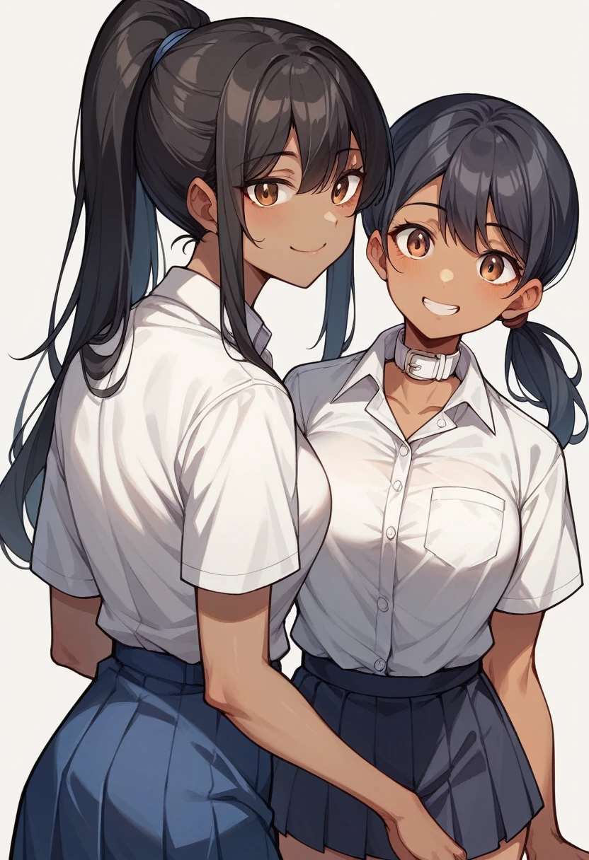 1 person、middle School girls、White polo shirt、mini skirt、Long Black Hair、ponytail、White collar、Short sleeve、smile、Brown Skin、big、An illustration