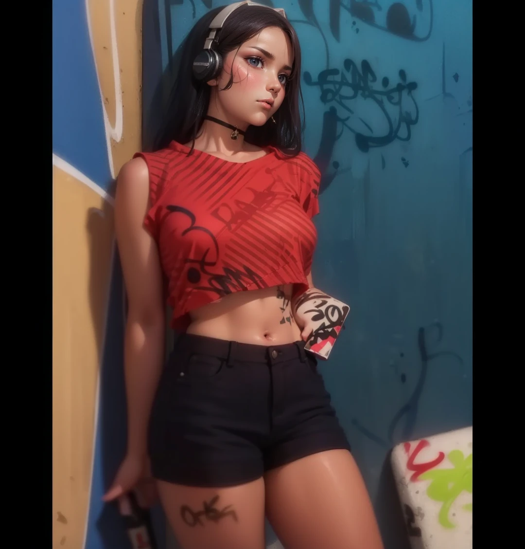 masterpiece, best quality, (extremely detailed CG unity 8k wallpaper, masterpiece, best quality, ultra-detailed, masterpiece, best quality, 1girl, solo, crop top, denim shorts, choker, (graffiti:1.5), paint splatter, arms behind back, against wall, looking at viewer, armband, thigh strap, paint on body, head tilt, bored, multicolored hair, aqua eyes, headset, Tatsumaki,